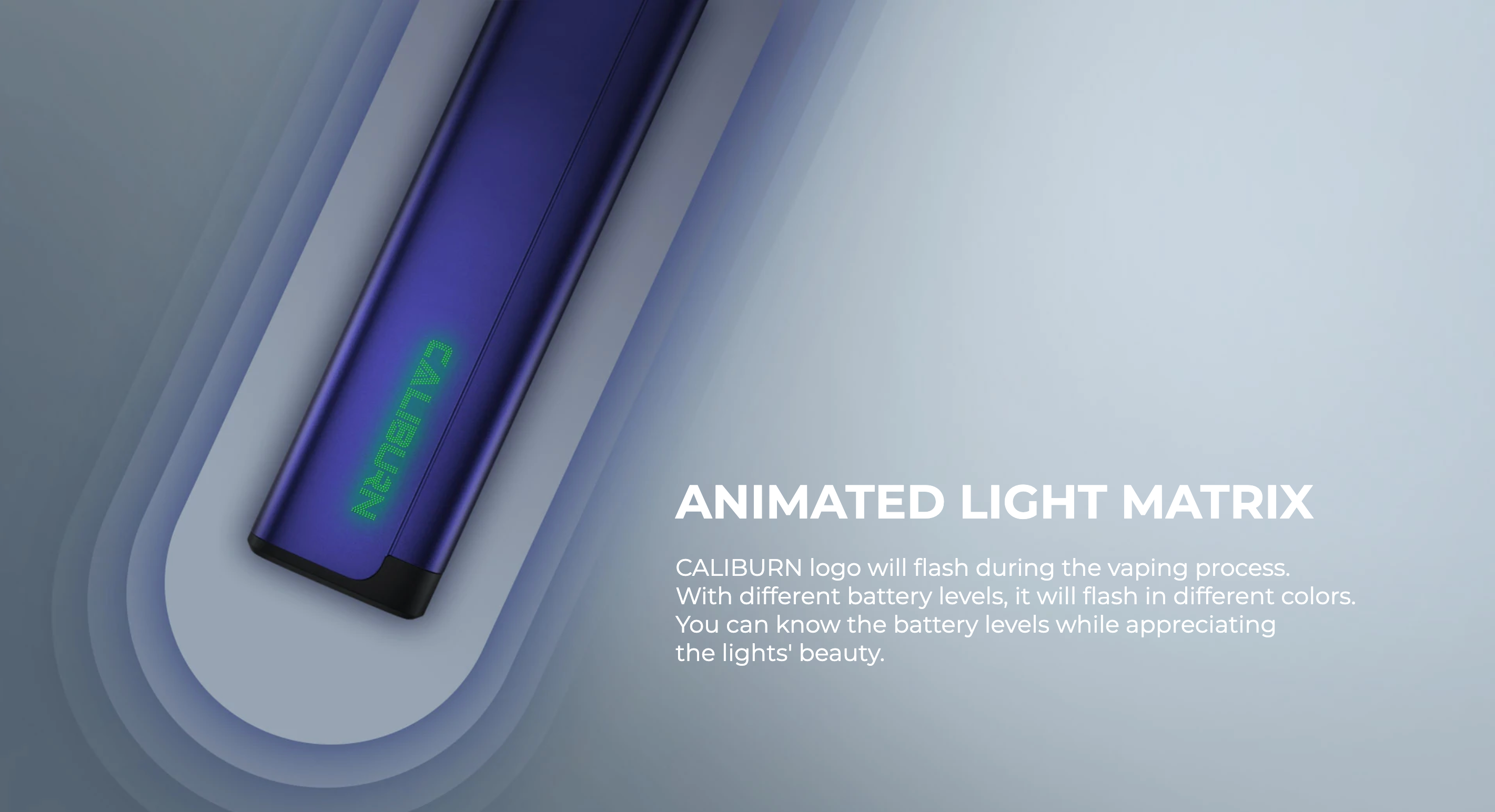 Uwell Caliburn A2S Pod Mod mavi gövde ve animasyonlu ışık matrisi gösterimi.